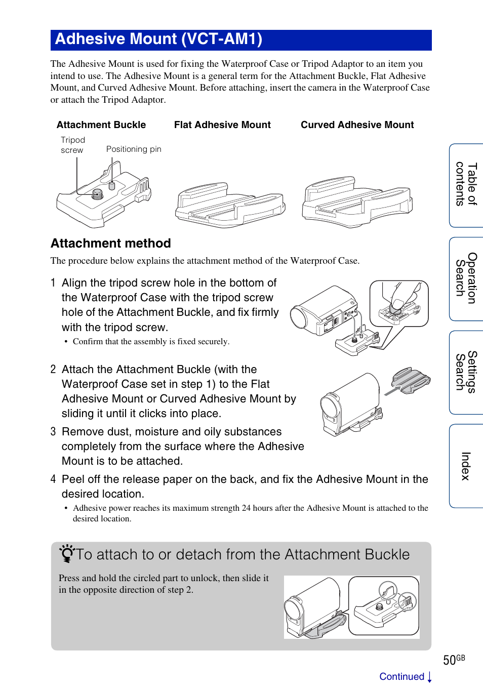 Adhesive mount (vct-am1) | Sony HDR-AS100VR User Manual | Page 50 / 82