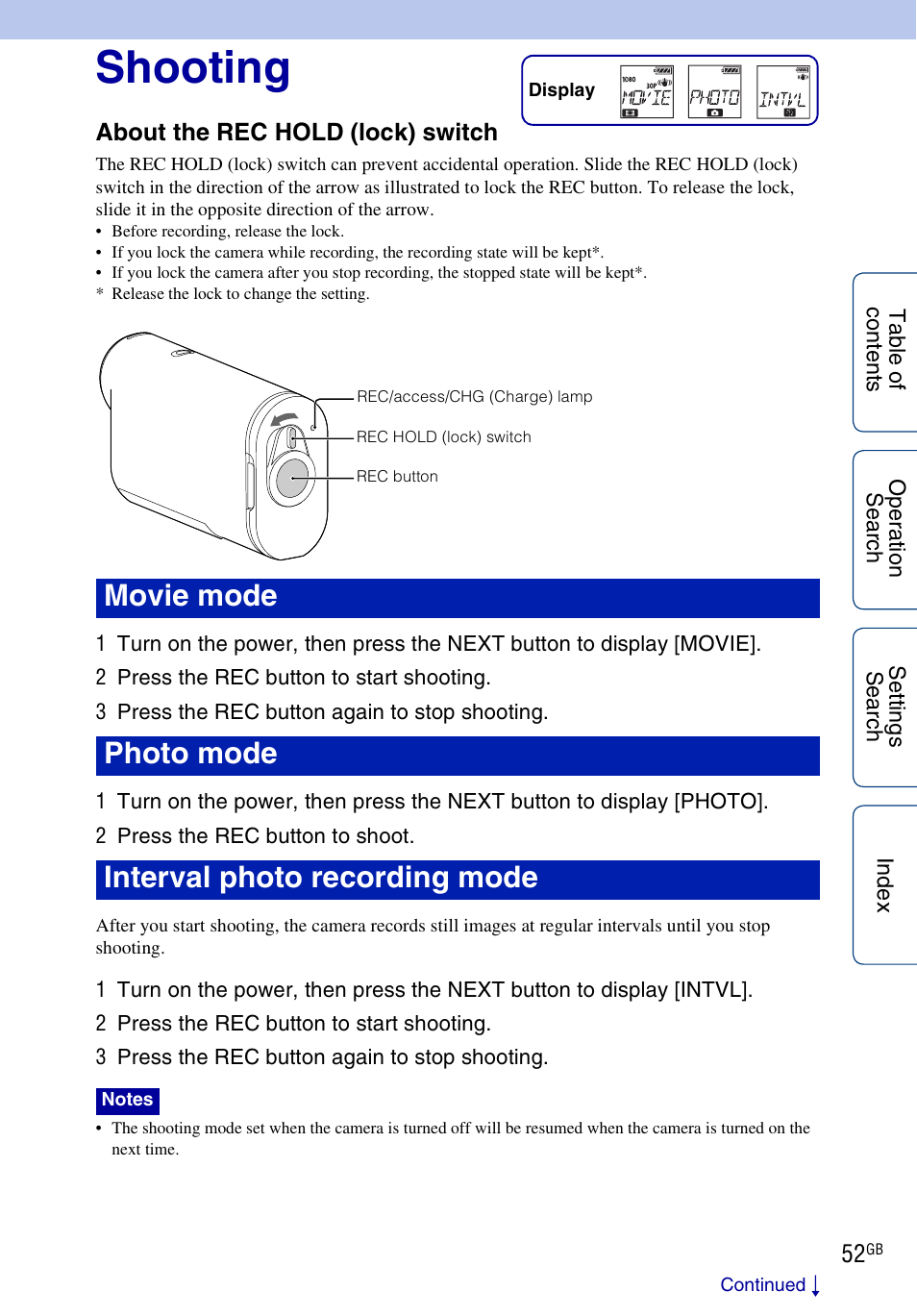 Shooting | Sony HDR-AS100VR User Manual | Page 52 / 82