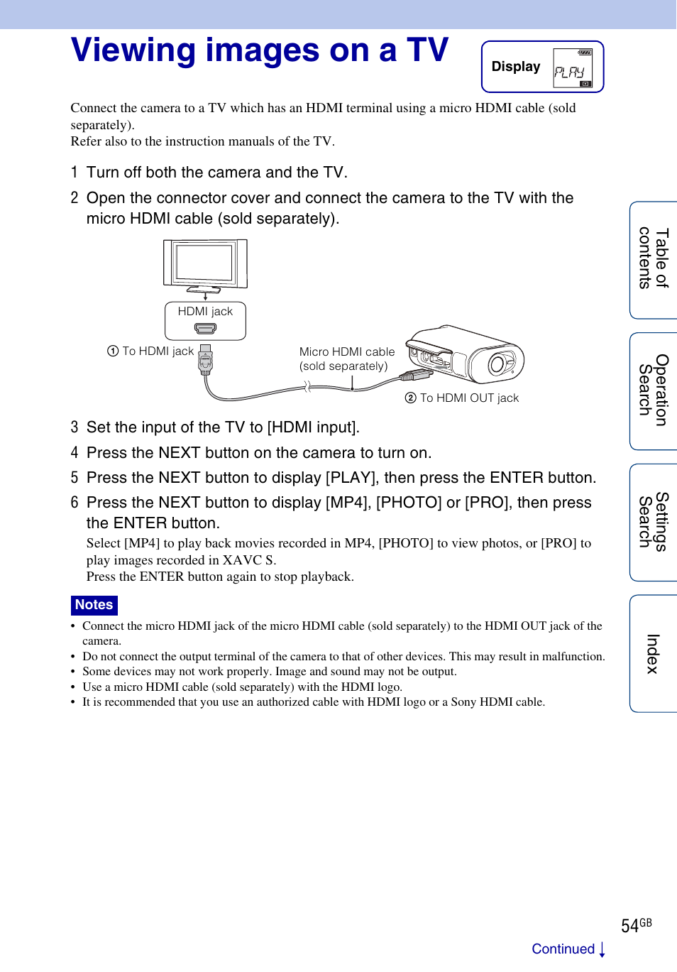 Viewing images on a tv | Sony HDR-AS100VR User Manual | Page 54 / 82