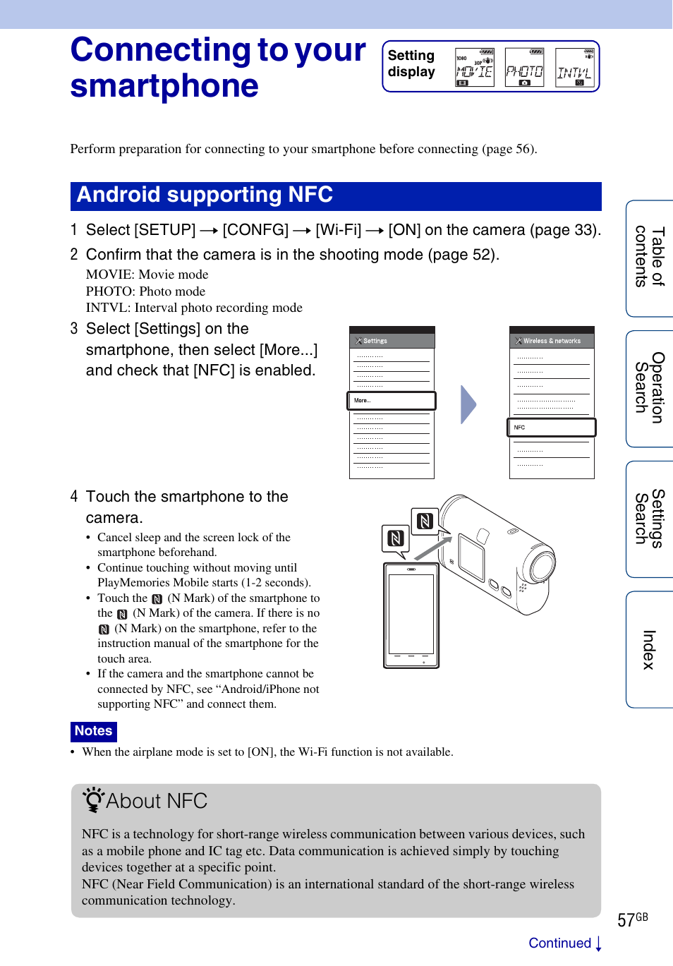 Connecting to your smartphone, Connecting to your smartphone” o, Android supporting nfc | About nfc | Sony HDR-AS100VR User Manual | Page 57 / 82