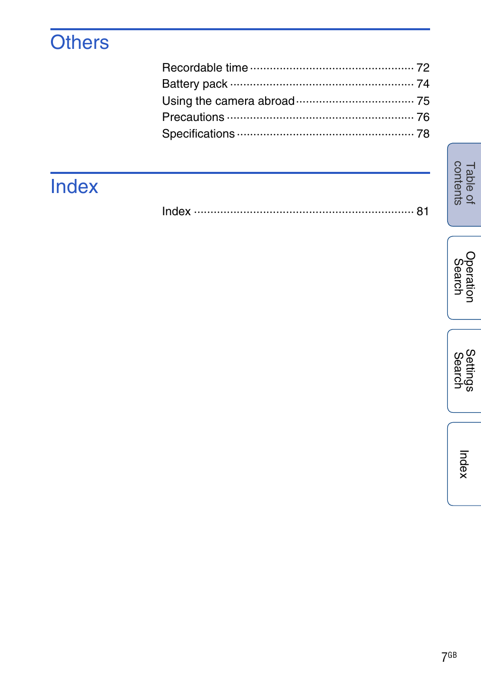 Others, Index | Sony HDR-AS100VR User Manual | Page 7 / 82