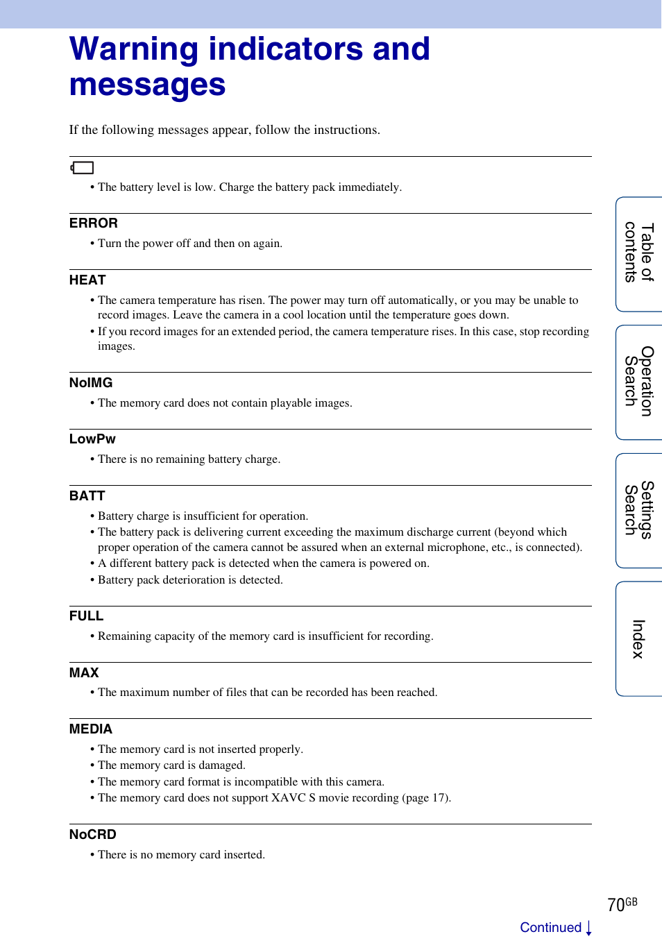 Warning indicators and messages | Sony HDR-AS100VR User Manual | Page 70 / 82