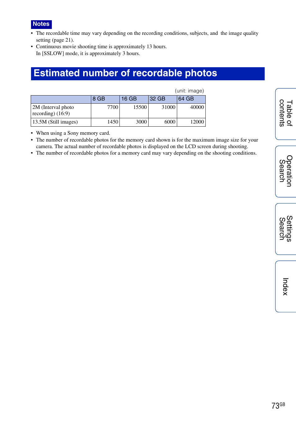 Estimated number of recordable photos | Sony HDR-AS100VR User Manual | Page 73 / 82