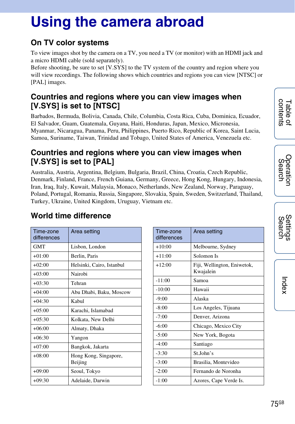 Using the camera abroad, On tv color systems, World time difference | Sony HDR-AS100VR User Manual | Page 75 / 82