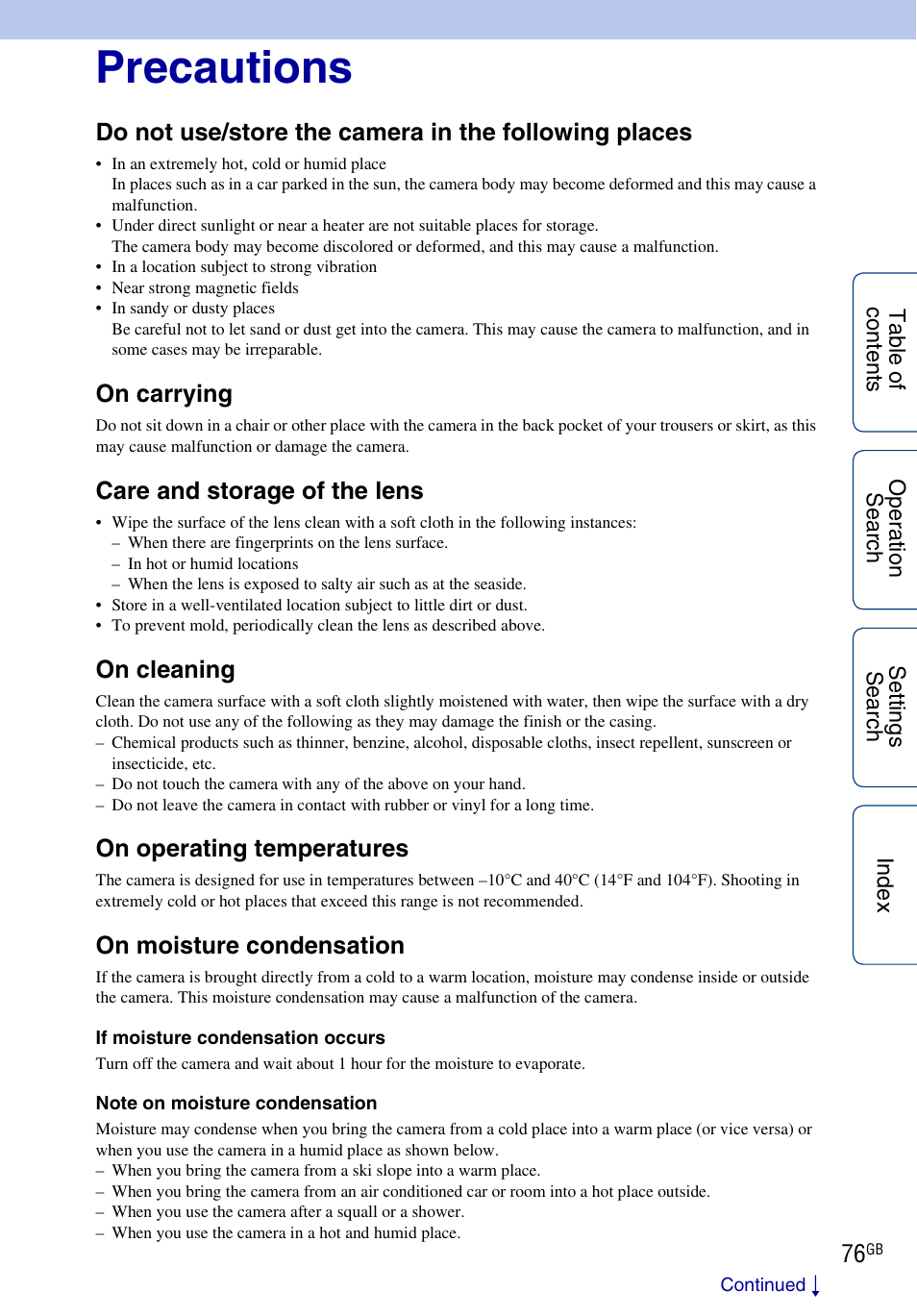 Precautions, On carrying, Care and storage of the lens | On cleaning, On operating temperatures, On moisture condensation | Sony HDR-AS100VR User Manual | Page 76 / 82