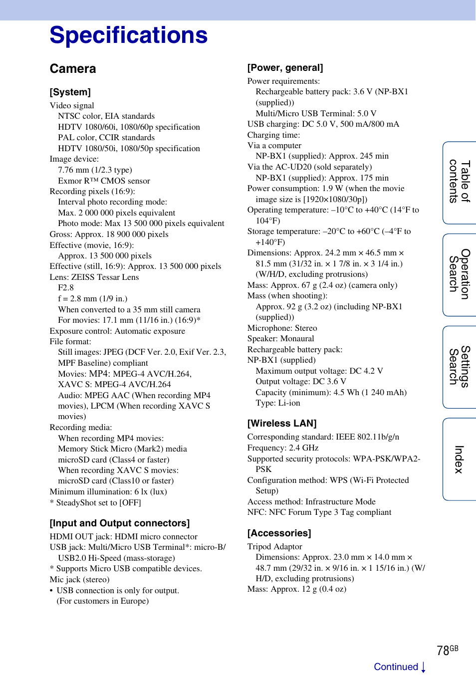 Specifications, Camera | Sony HDR-AS100VR User Manual | Page 78 / 82