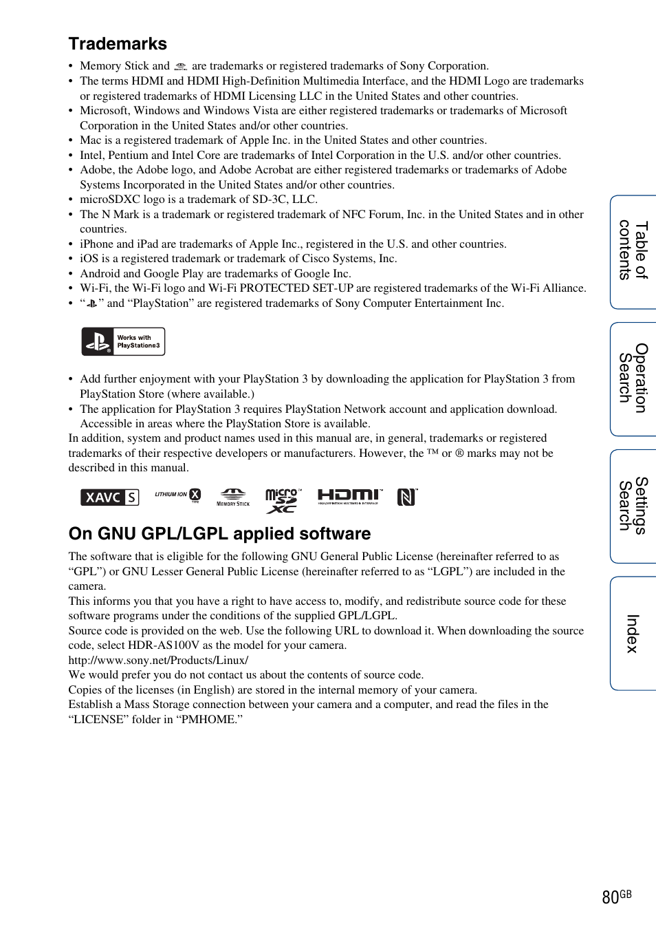 Trademarks, On gnu gpl/lgpl applied software | Sony HDR-AS100VR User Manual | Page 80 / 82