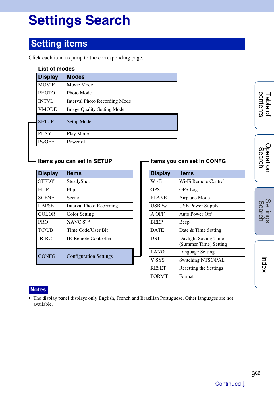 Settings search, Tings, Se ar | Setting items | Sony HDR-AS100VR User Manual | Page 9 / 82