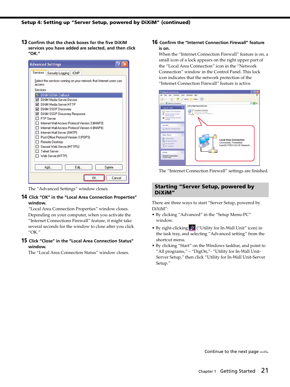 Starting “server setup, powered by dixim, Starting “server setup, powered by dixim” 21 | Sony DVP-NW50 User Manual | Page 21 / 40