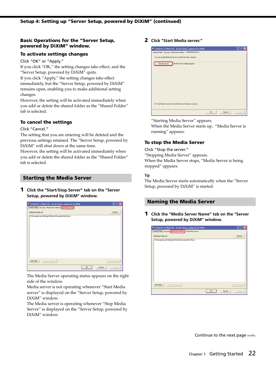 Starting the media server, Naming the media server | Sony DVP-NW50 User Manual | Page 22 / 40