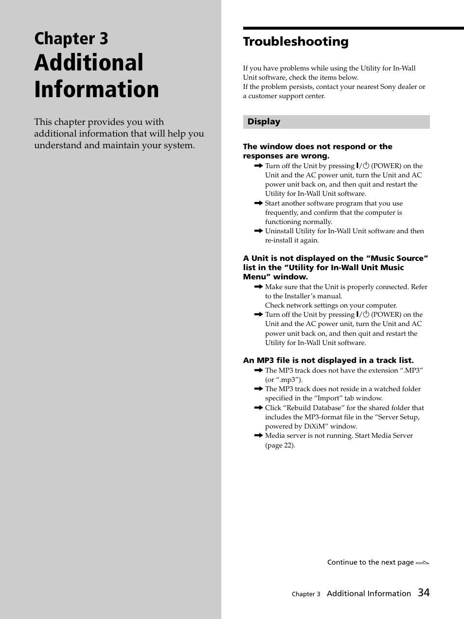 Chapter 3 additional information, Troubleshooting, Troubleshooting 34 | Additional information, Chapter 3 | Sony DVP-NW50 User Manual | Page 34 / 40
