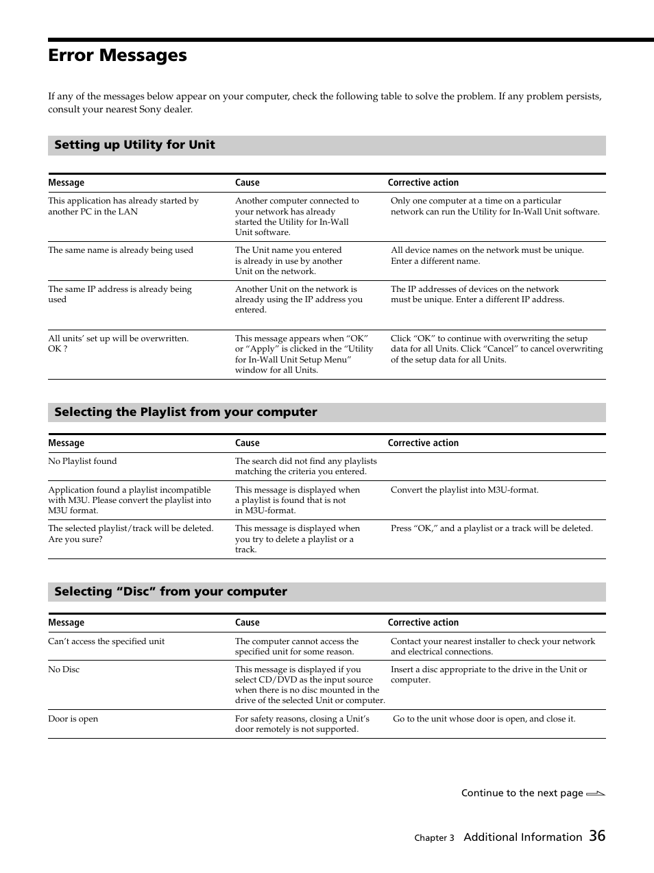 Error messages, Error messages 36, Setting up utility for unit | Selecting the playlist from your computer, Selecting “disc” from your computer | Sony DVP-NW50 User Manual | Page 36 / 40