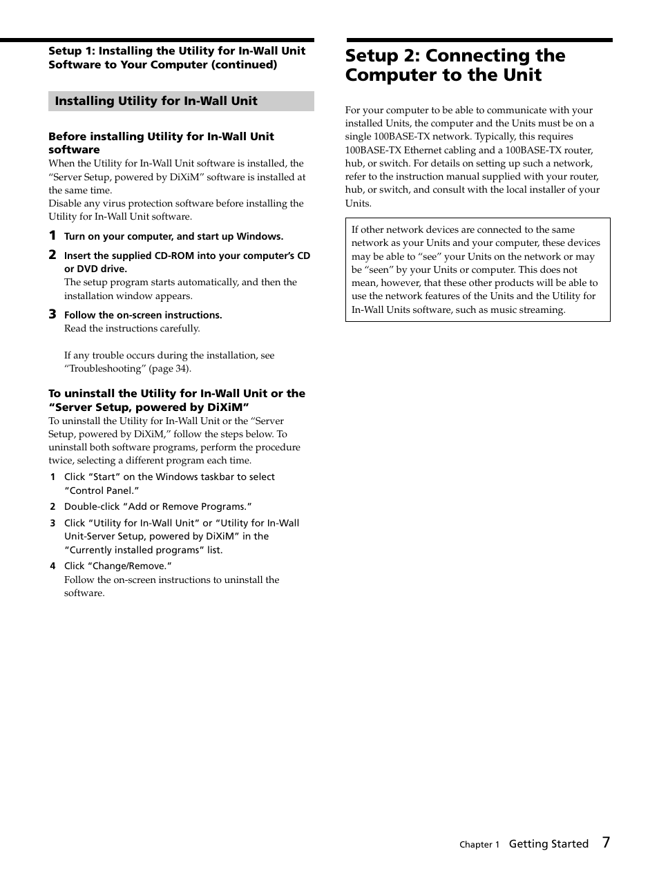 Installing utility for in-wall unit, Setup 2: connecting the computer to the unit, Installing utility for in-wall unit 7 | Setup 2: connecting the computer to the unit 7 | Sony DVP-NW50 User Manual | Page 7 / 40