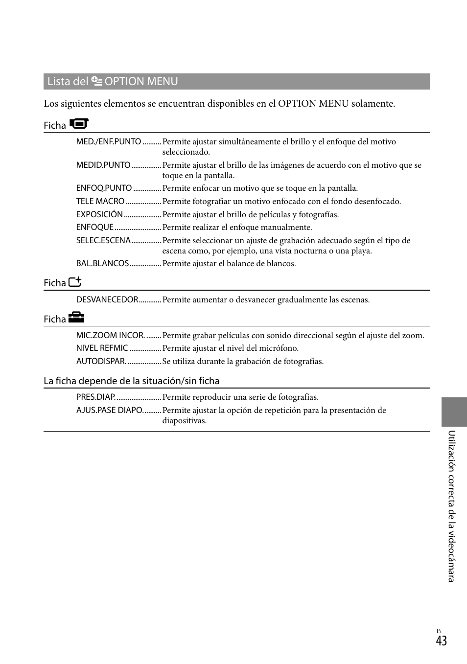 Lista del option menu | Sony DCR-SR67 User Manual | Page 101 / 116