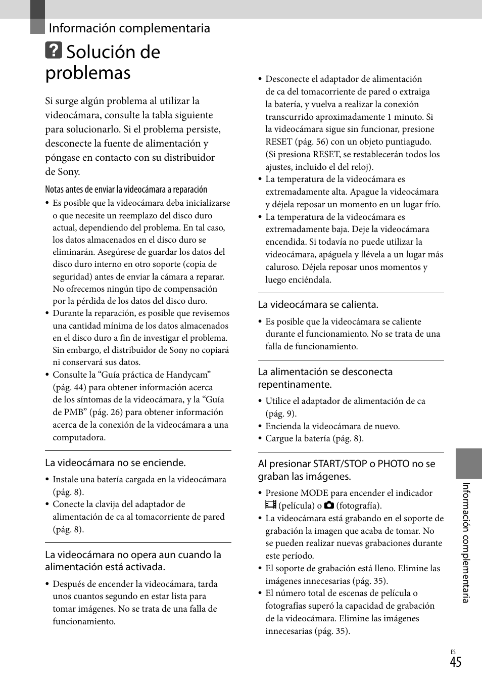 Información complementaria, Solución de problemas | Sony DCR-SR67 User Manual | Page 103 / 116