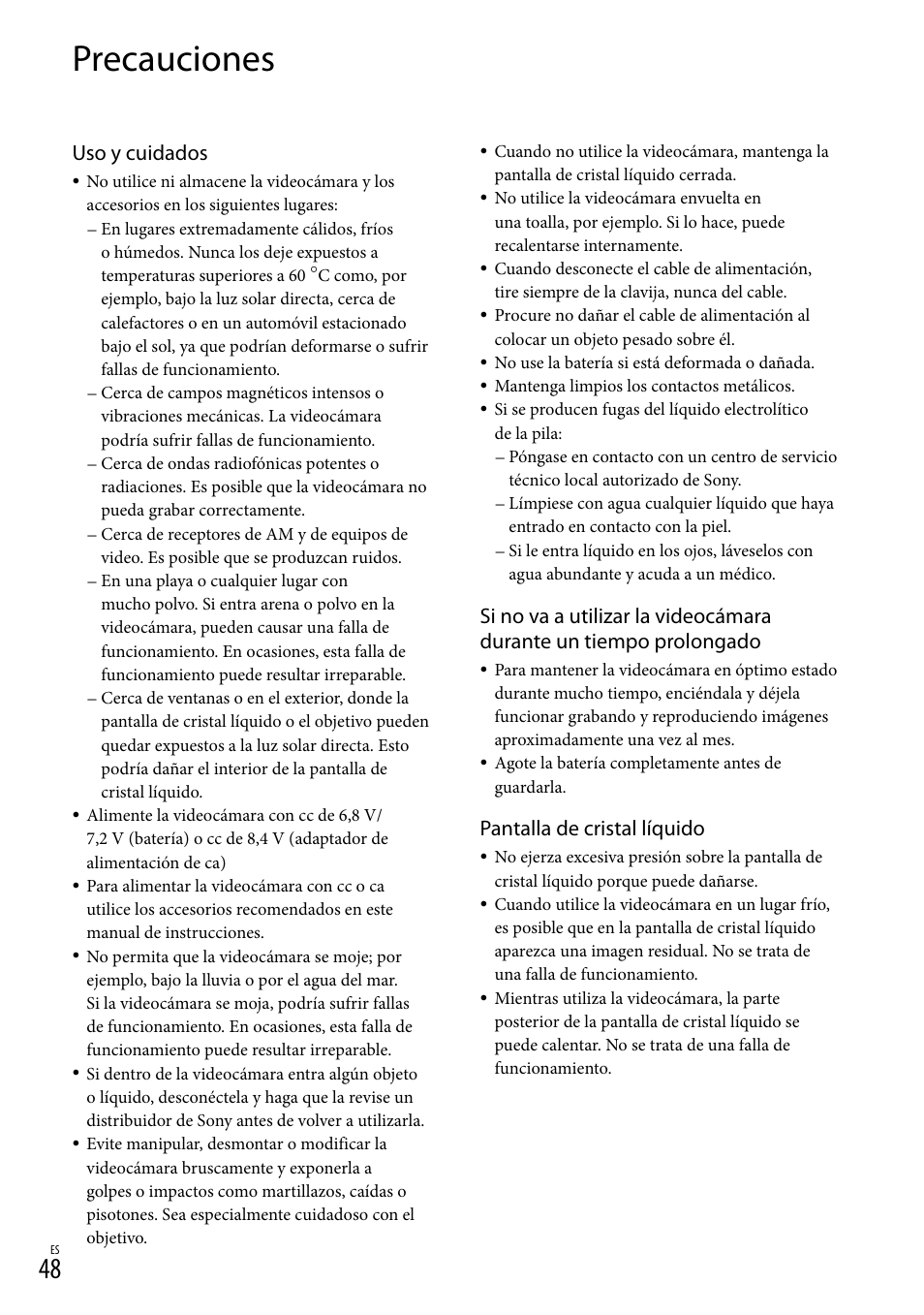 Precauciones, Uso y cuidados, Pantalla de cristal líquido | Sony DCR-SR67 User Manual | Page 106 / 116