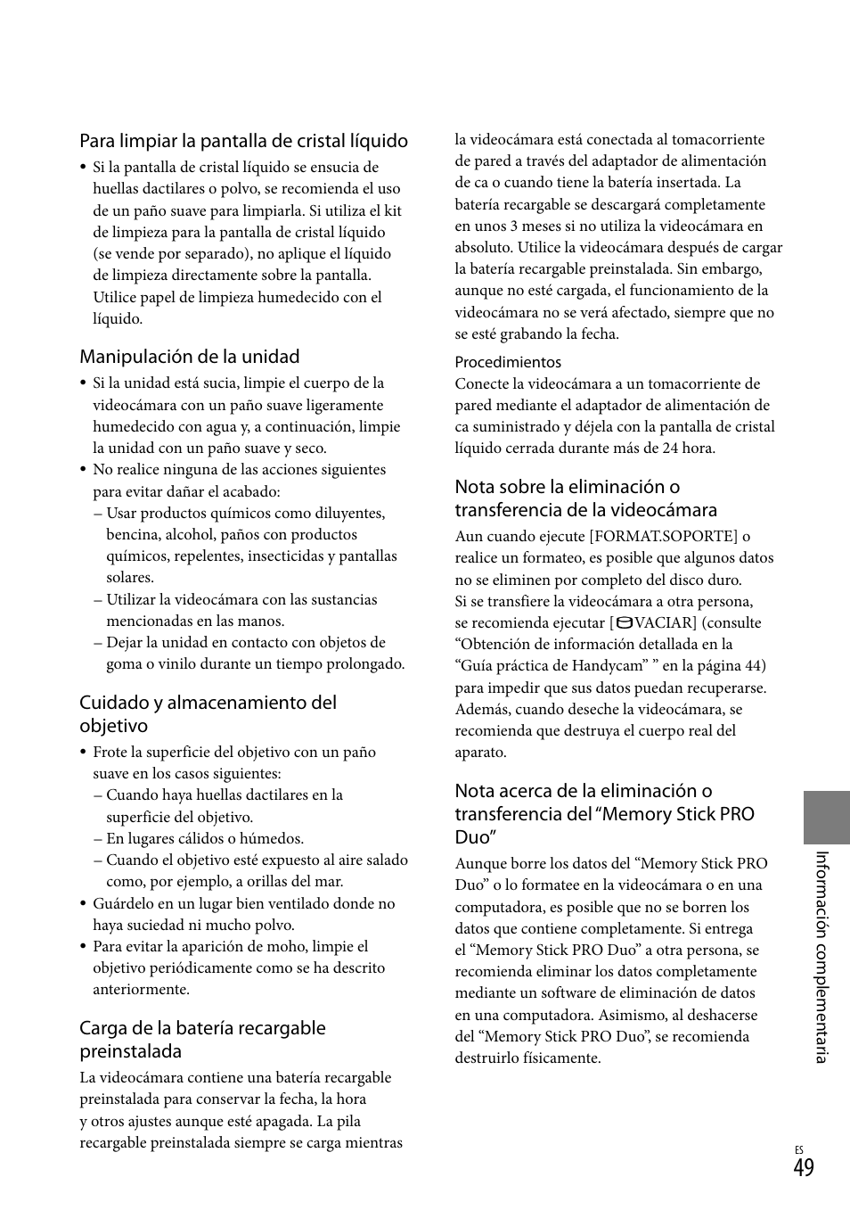 Para limpiar la pantalla de cristal líquido, Manipulación de la unidad, Cuidado y almacenamiento del objetivo | Carga de la batería recargable preinstalada | Sony DCR-SR67 User Manual | Page 107 / 116