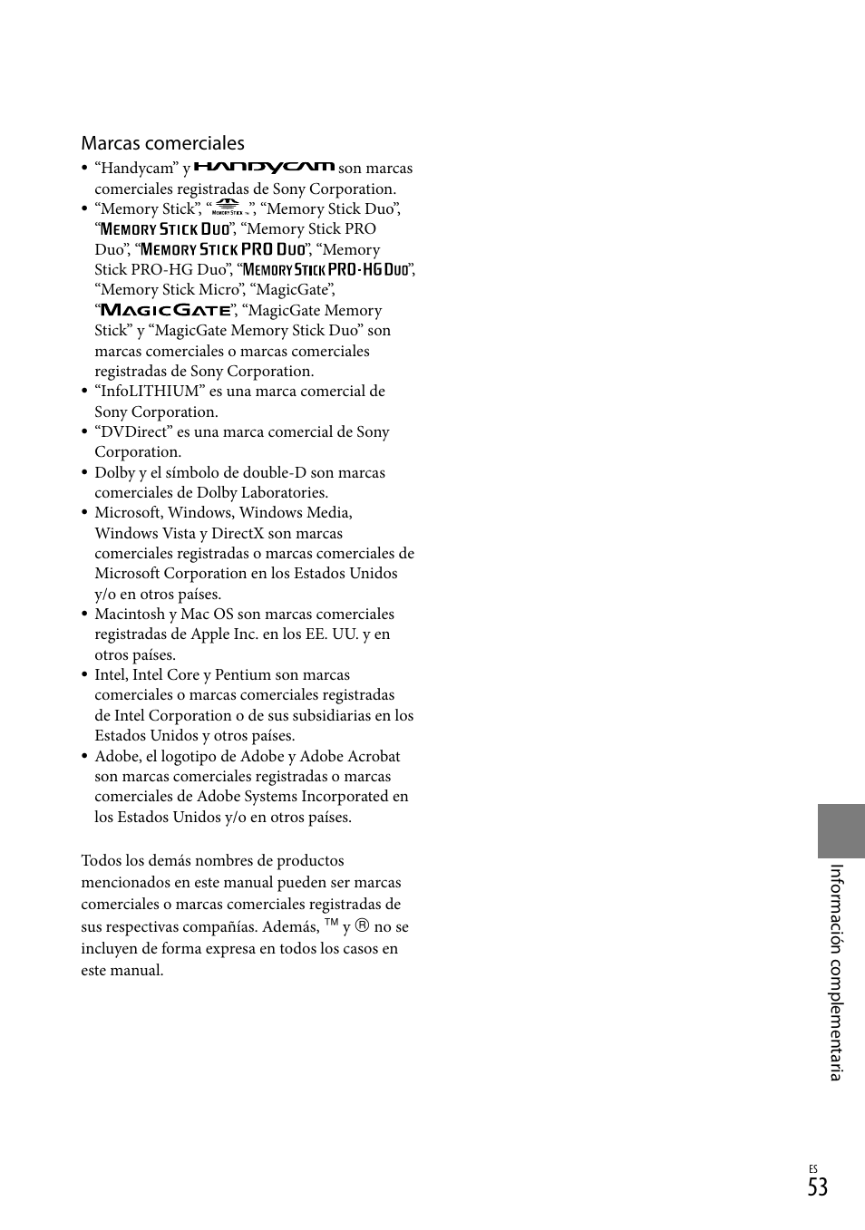 Marcas comerciales | Sony DCR-SR67 User Manual | Page 111 / 116