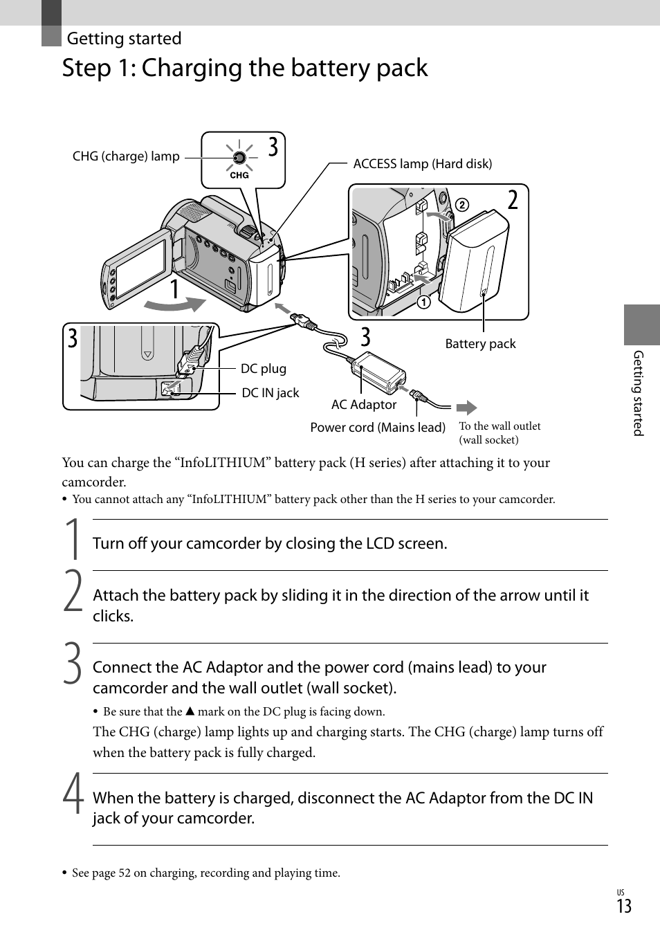 Getting started, Step 1: charging the battery pack, 13, 39) a | Sony DCR-SR67 User Manual | Page 13 / 116