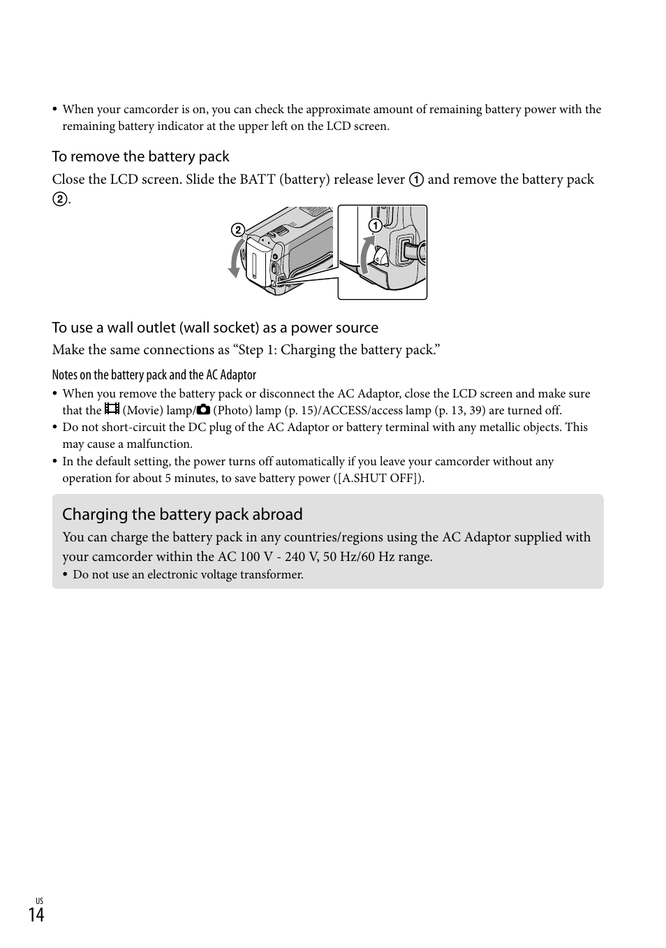 Charging the battery pack abroad | Sony DCR-SR67 User Manual | Page 14 / 116