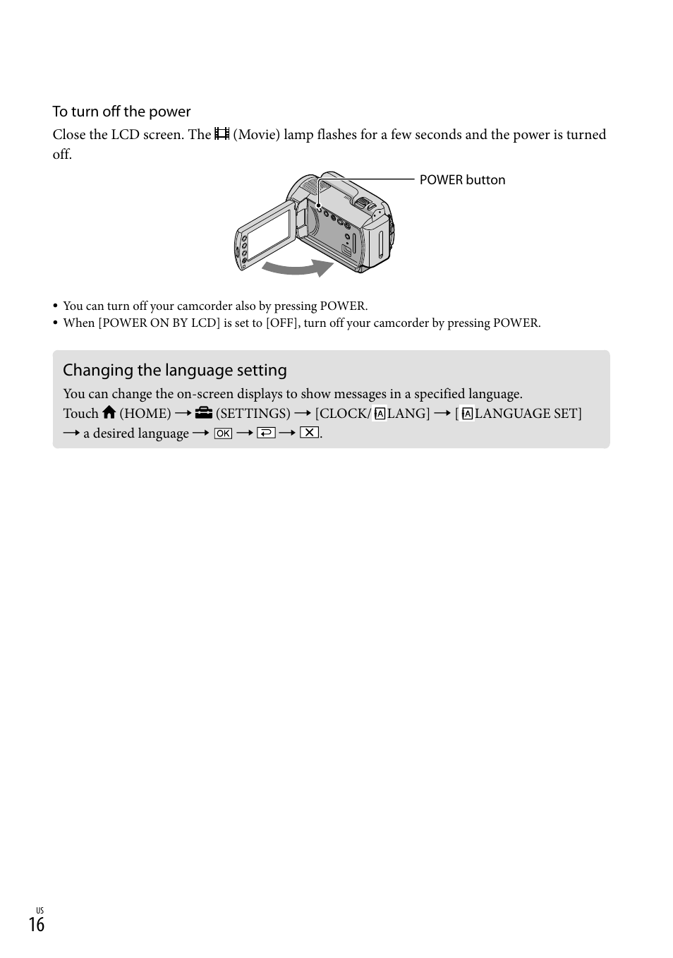 Changing the language setting | Sony DCR-SR67 User Manual | Page 16 / 116