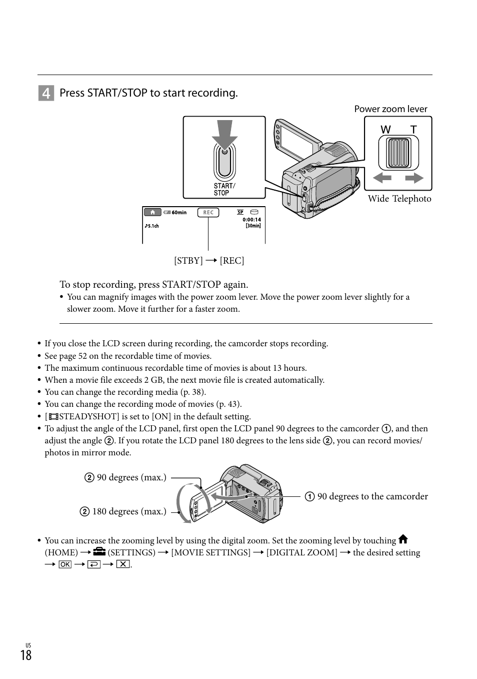 Press start/stop to start recording | Sony DCR-SR67 User Manual | Page 18 / 116