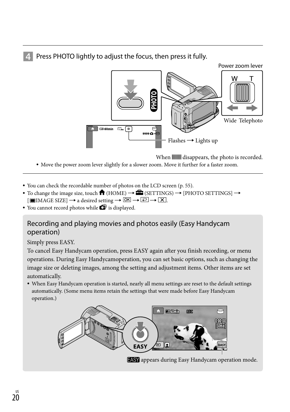 Recording and playing movies and photos easily, Easy handycam operation) | Sony DCR-SR67 User Manual | Page 20 / 116