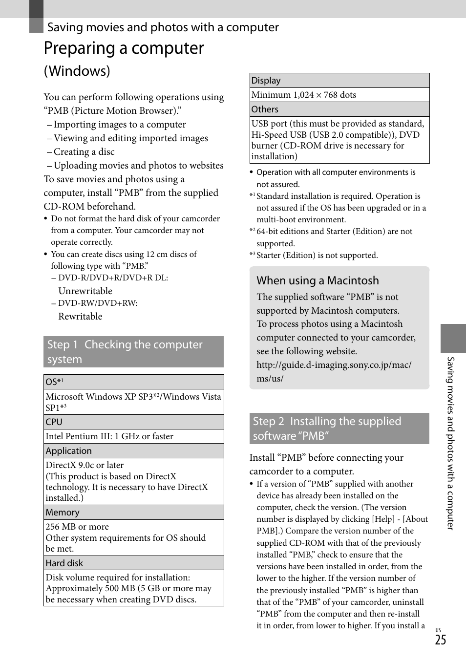 Saving movies and photos with a computer, Preparing a computer (windows), When using a macintosh | Preparing a computer, Windows), Step 1 checking the computer system, Step 2 installing the supplied software “pmb | Sony DCR-SR67 User Manual | Page 25 / 116