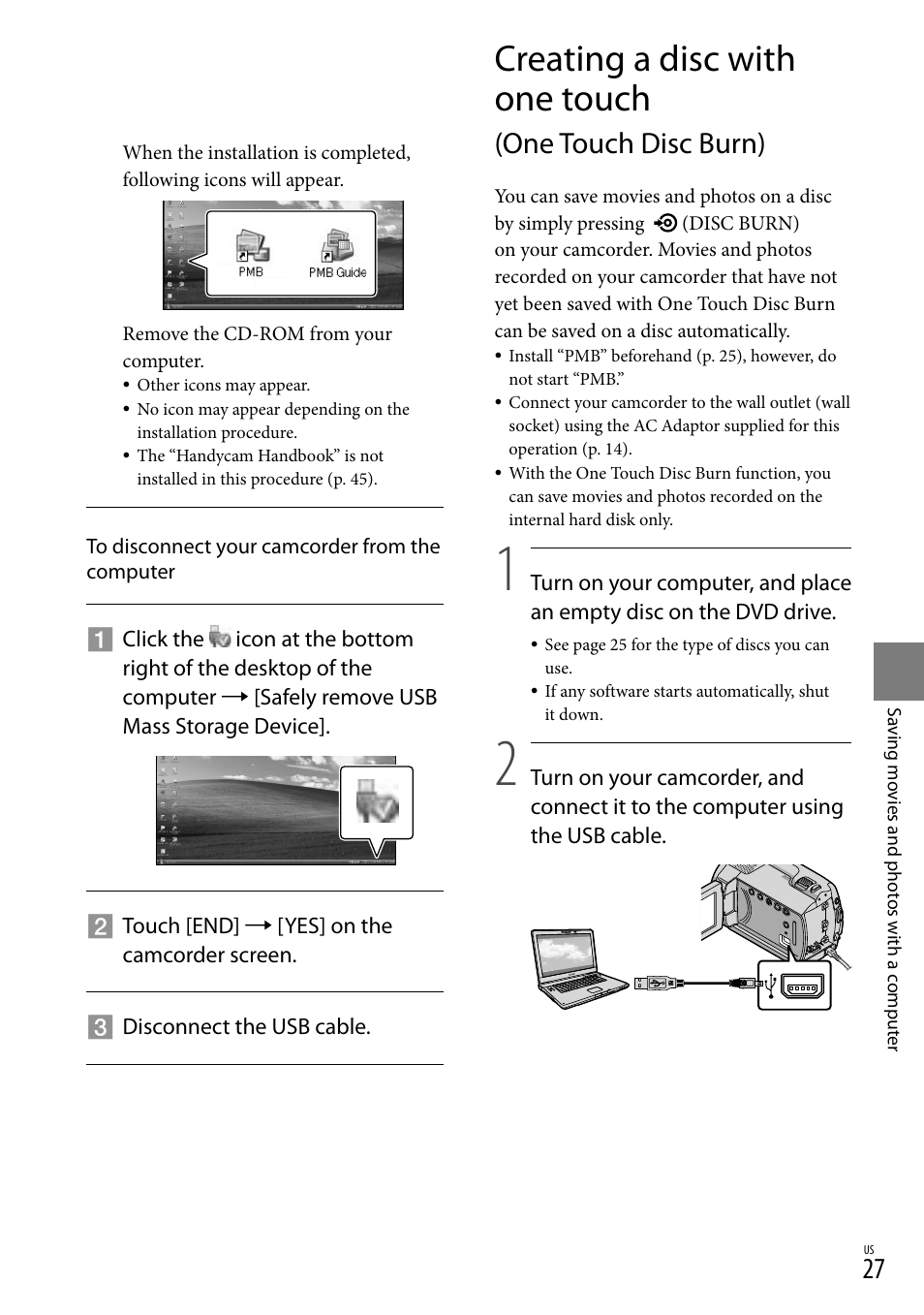 Creating a disc with one touch, One touch disc burn) | Sony DCR-SR67 User Manual | Page 27 / 116