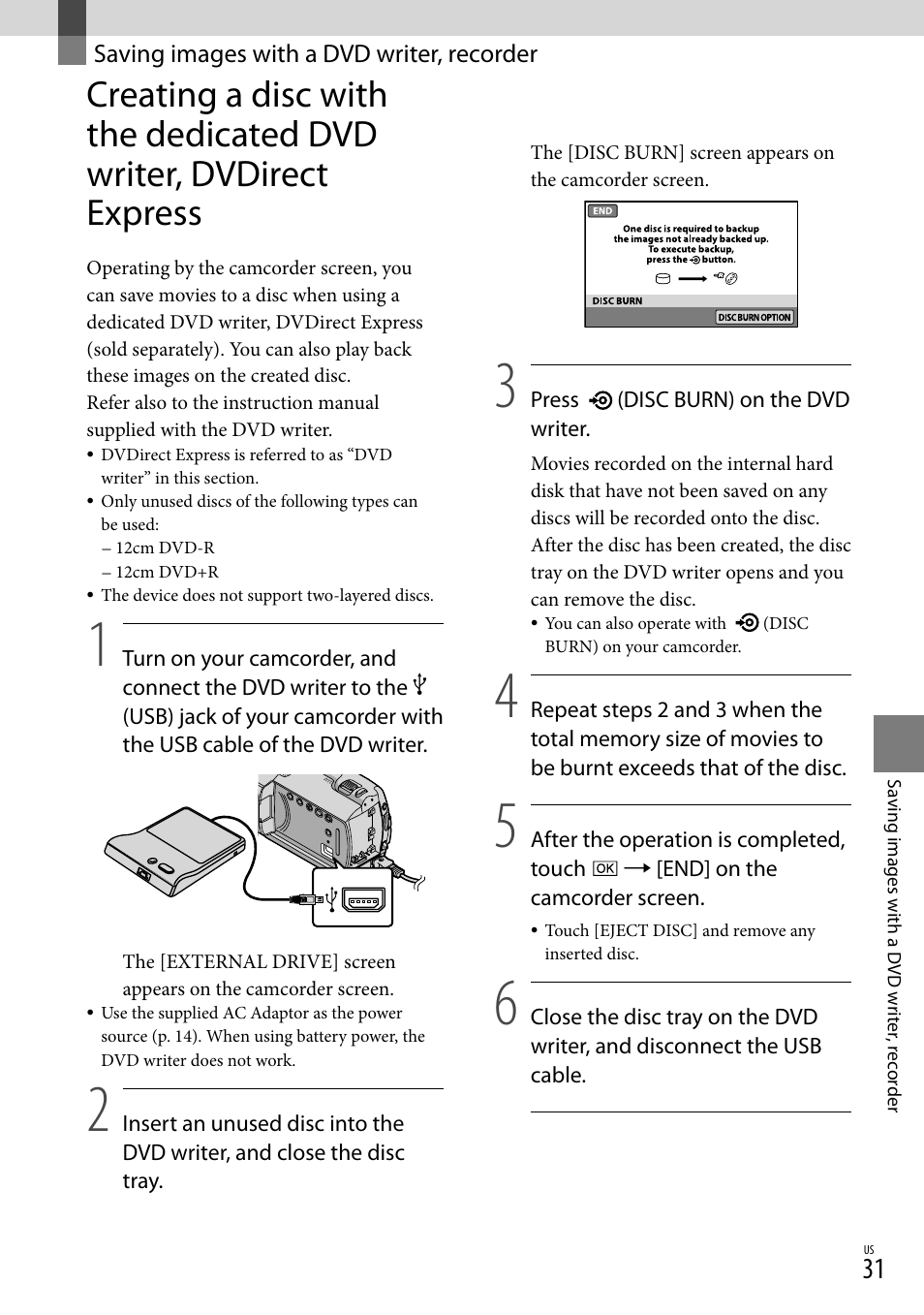 Saving images with a dvd writer, recorder | Sony DCR-SR67 User Manual | Page 31 / 116