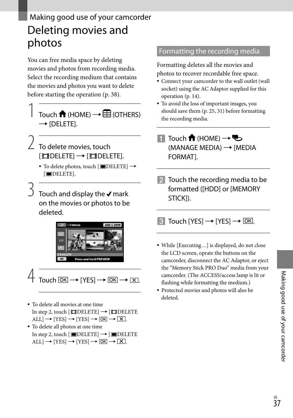 Making good use of your camcorder, Deleting movies and photos | Sony DCR-SR67 User Manual | Page 37 / 116