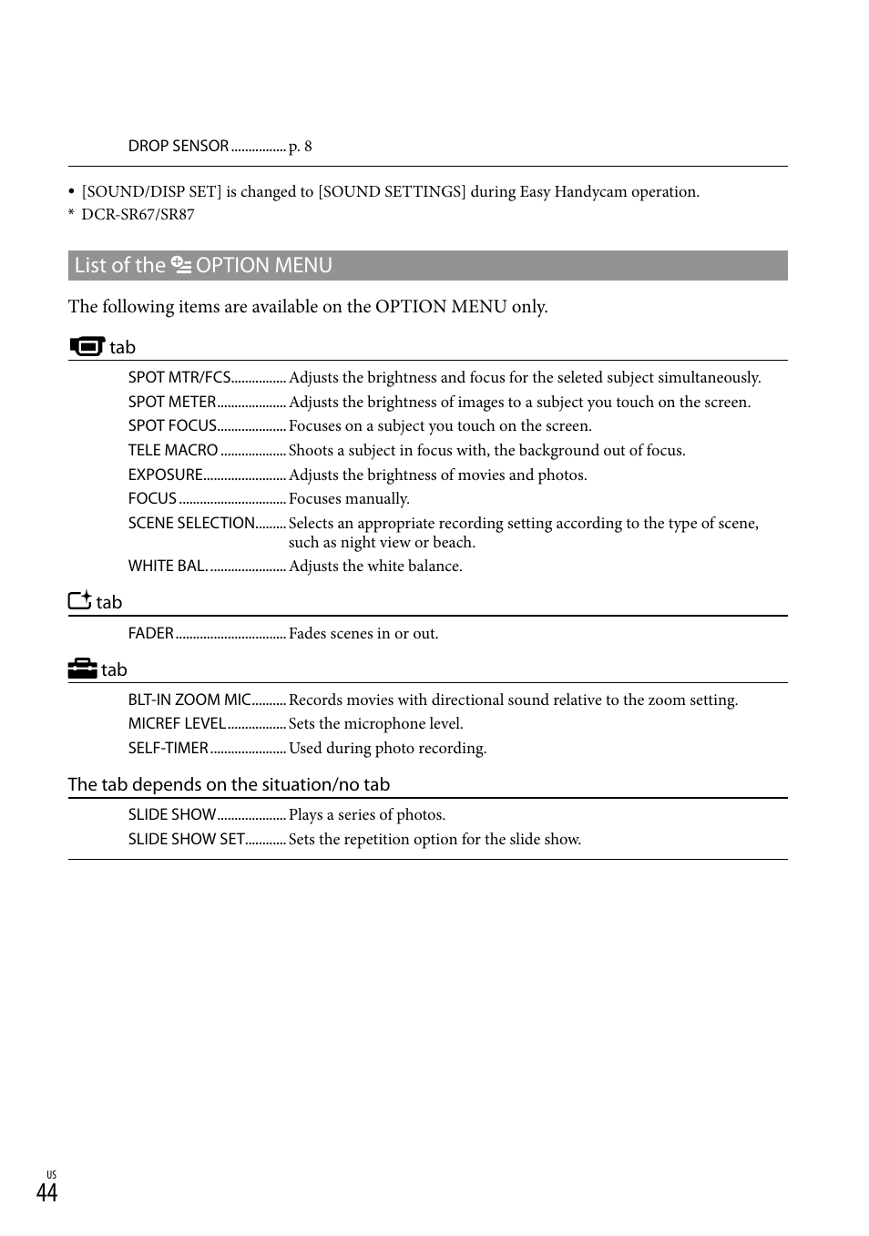 List of the option menu | Sony DCR-SR67 User Manual | Page 44 / 116