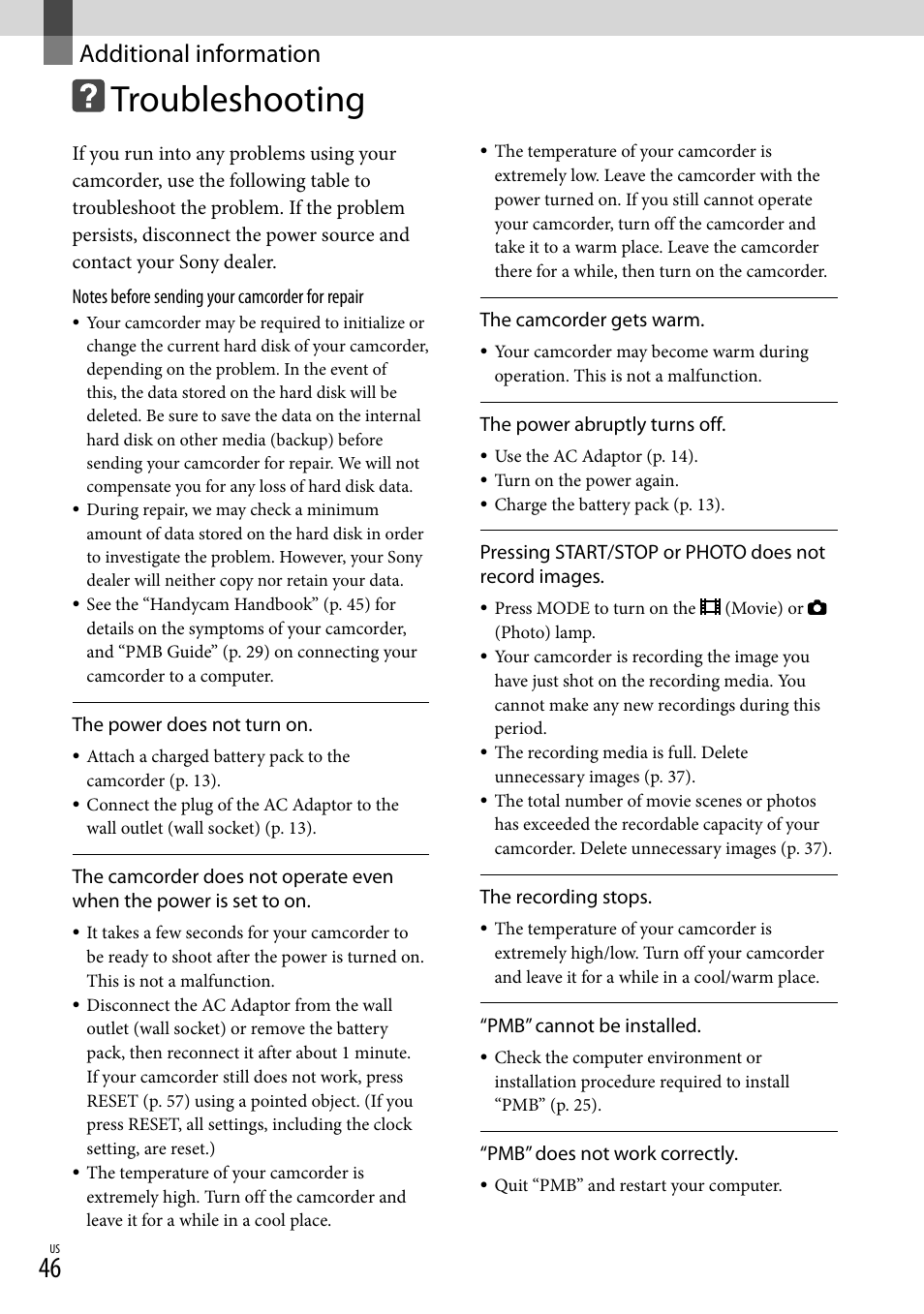 Additional information, Troubleshooting | Sony DCR-SR67 User Manual | Page 46 / 116