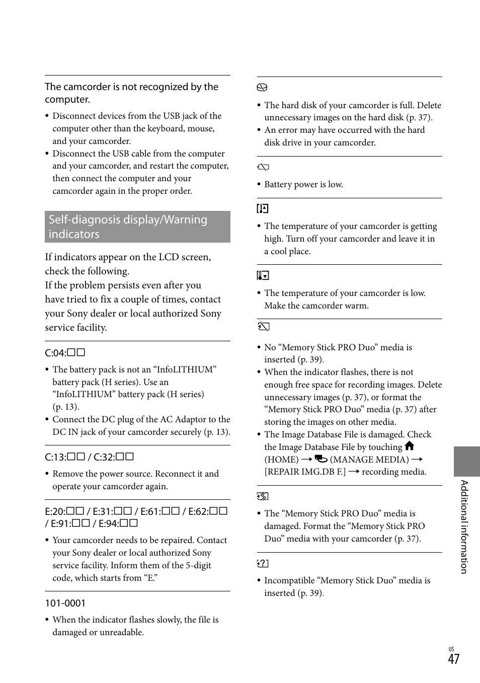 Self-diagnosis display/warning indicators | Sony DCR-SR67 User Manual | Page 47 / 116