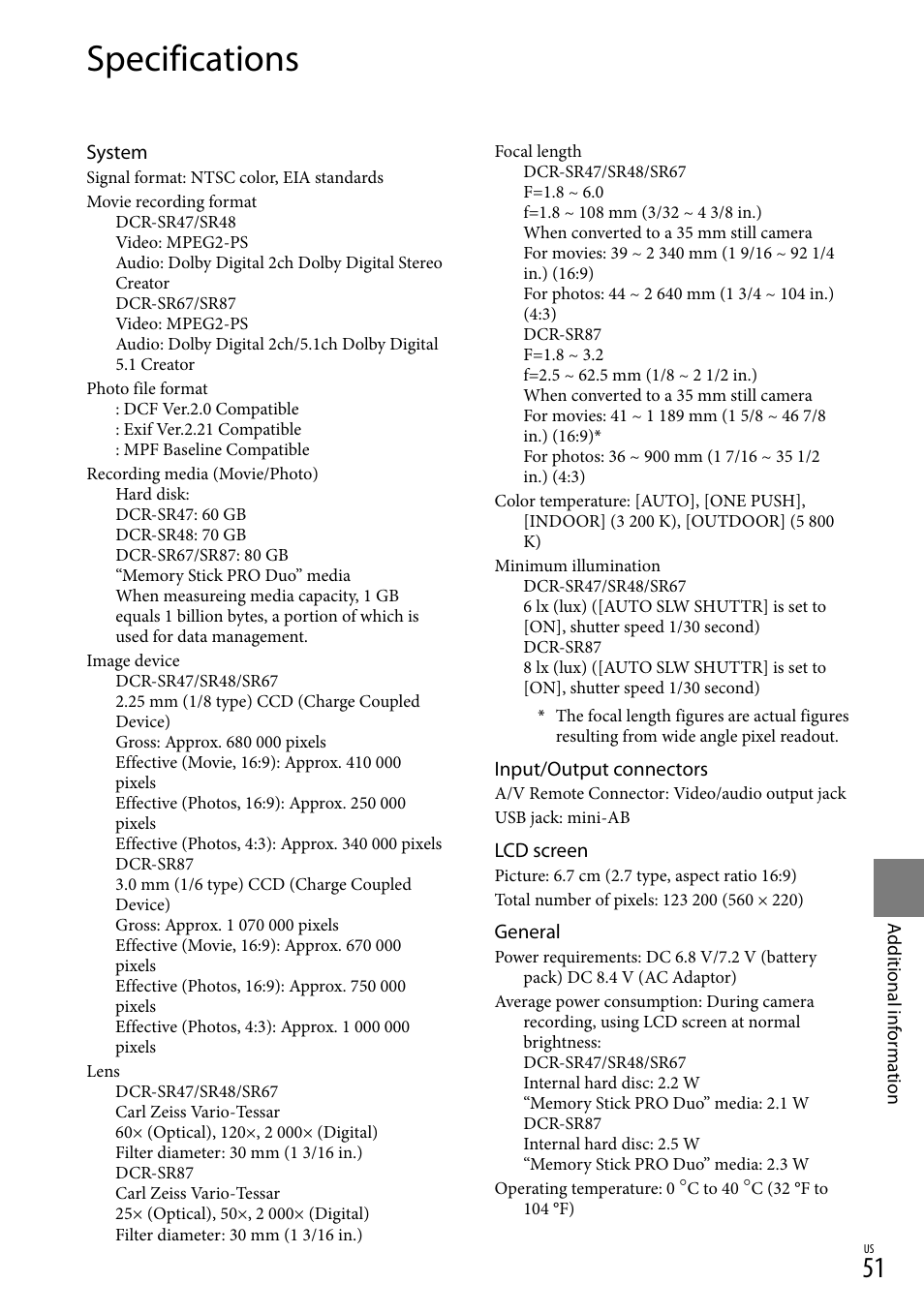 Specifications | Sony DCR-SR67 User Manual | Page 51 / 116