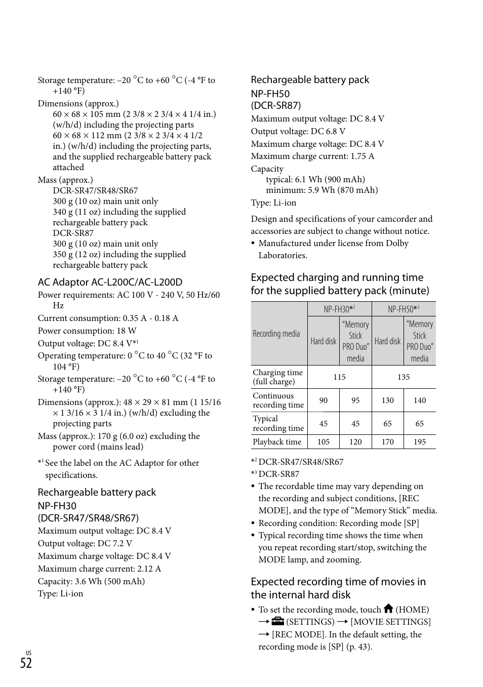 Rechargeable battery pack np-fh50 (dcr-sr87) | Sony DCR-SR67 User Manual | Page 52 / 116