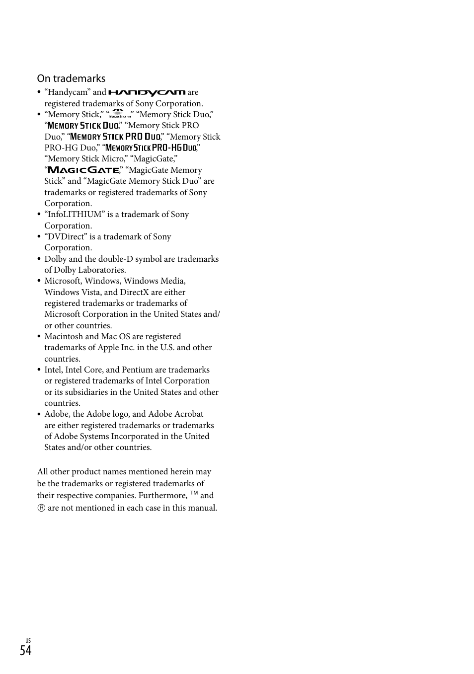 On trademarks | Sony DCR-SR67 User Manual | Page 54 / 116