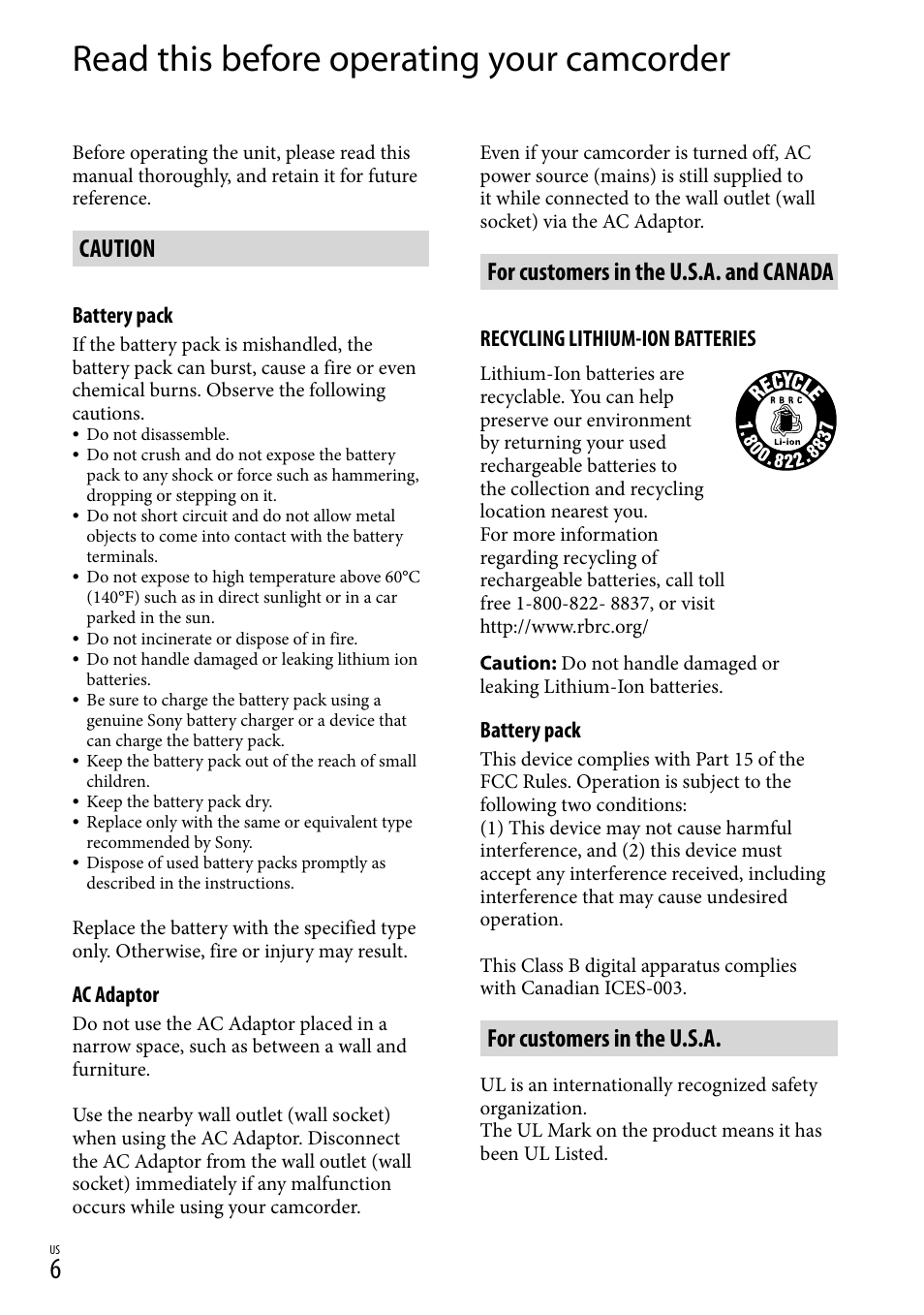 Read this before operating your camcorder, Caution, For customers in the u.s.a. and canada | For customers in the u.s.a | Sony DCR-SR67 User Manual | Page 6 / 116