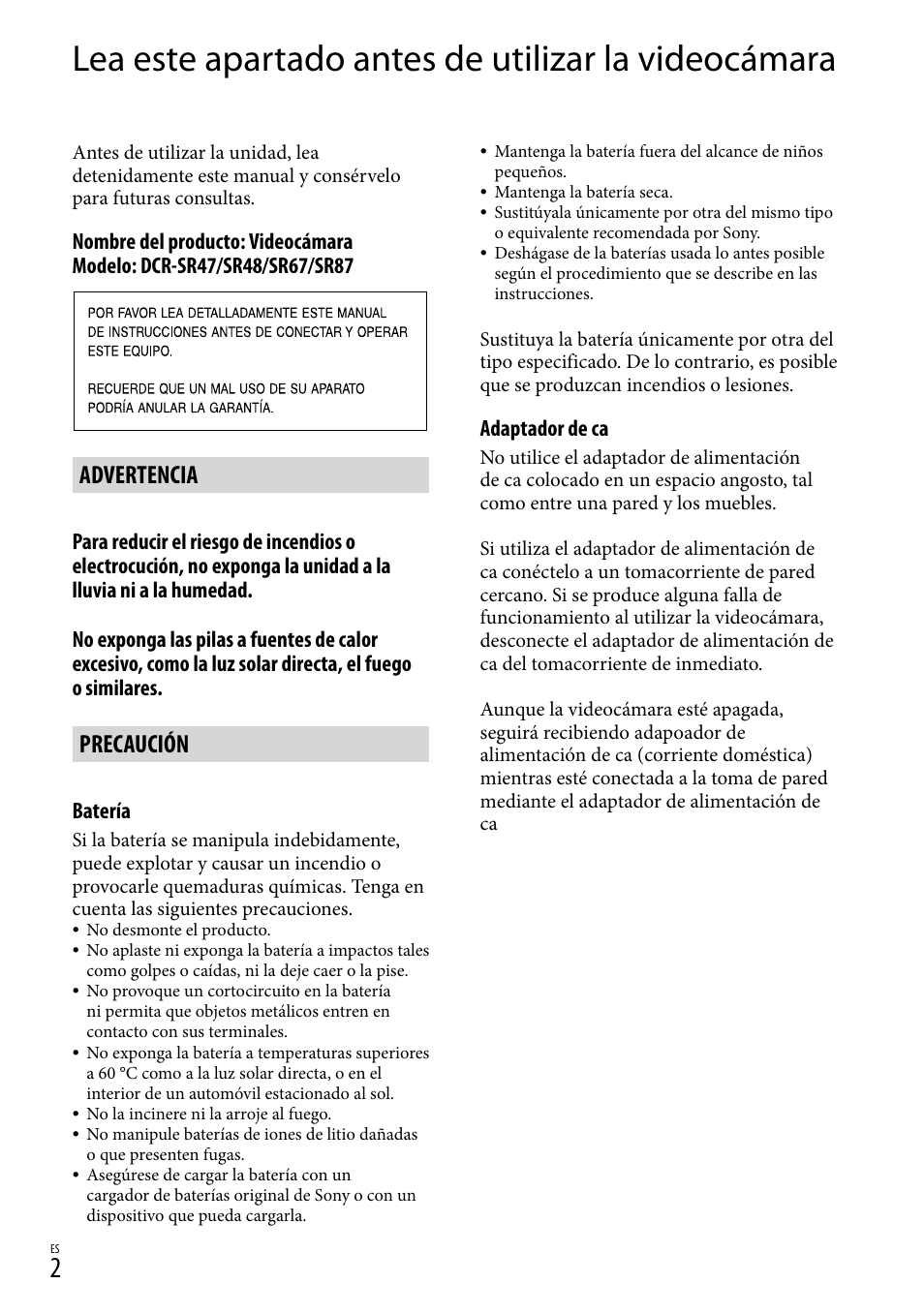 Lea este apartado antes de utilizar la videocámara, Advertencia, Precaución | Sony DCR-SR67 User Manual | Page 60 / 116