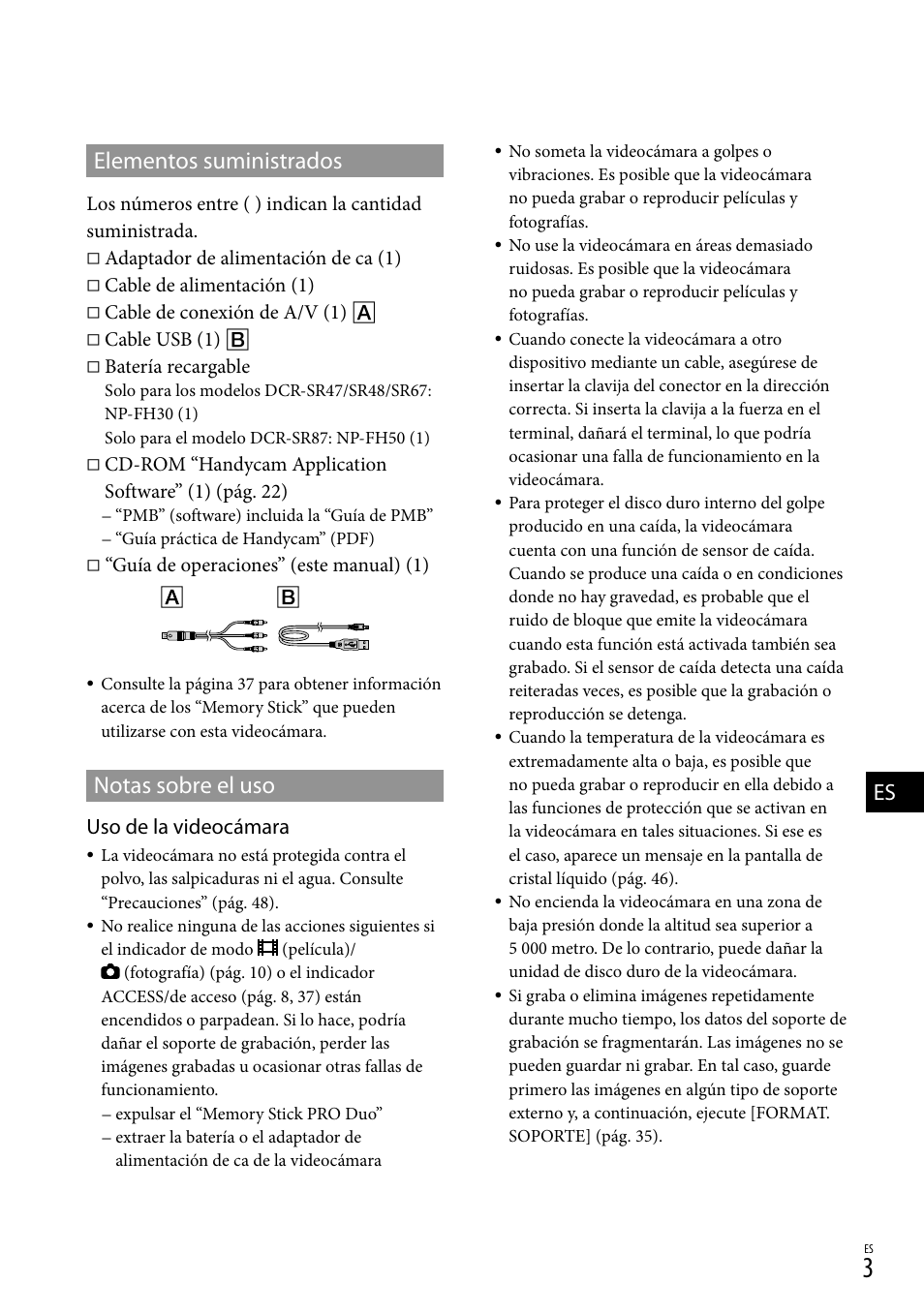 Elementos suministrados, Notas sobre el uso, Uso de la videocámara | Sony DCR-SR67 User Manual | Page 61 / 116