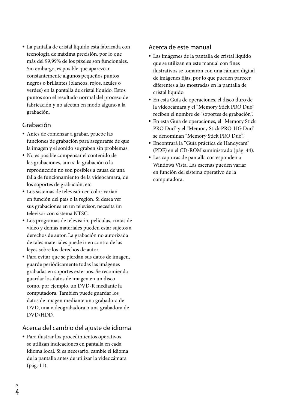 Grabación, Acerca del cambio del ajuste de idioma, Acerca de este manual | Sony DCR-SR67 User Manual | Page 62 / 116