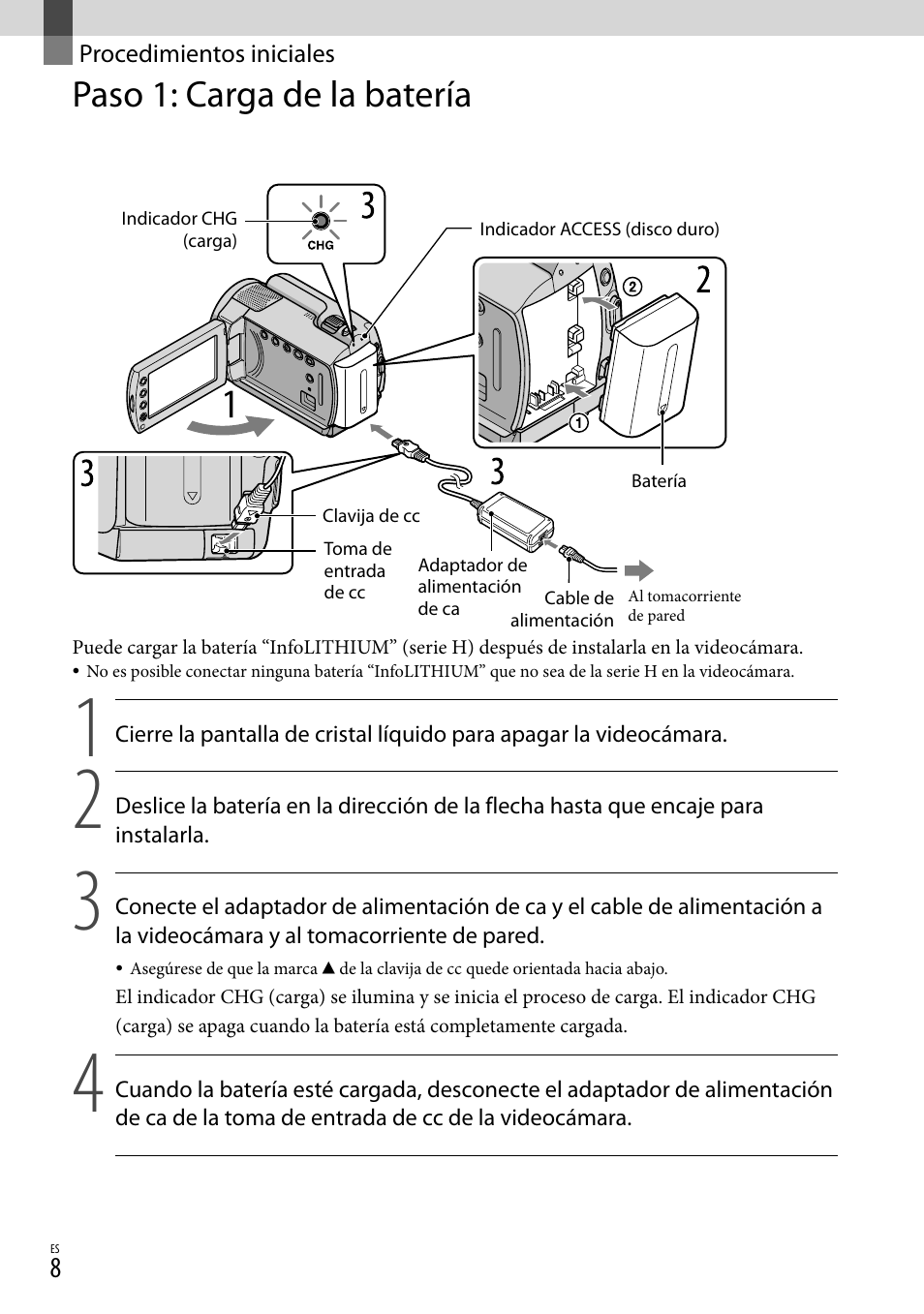 Procedimientos iniciales, Paso 1: carga de la batería, 8, 37) es | Sony DCR-SR67 User Manual | Page 66 / 116