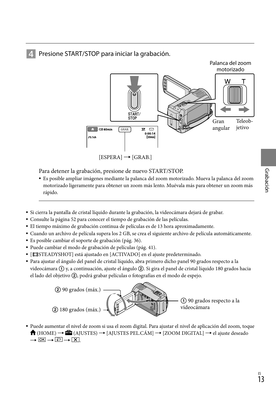 Presione start/stop para iniciar la grabación | Sony DCR-SR67 User Manual | Page 71 / 116