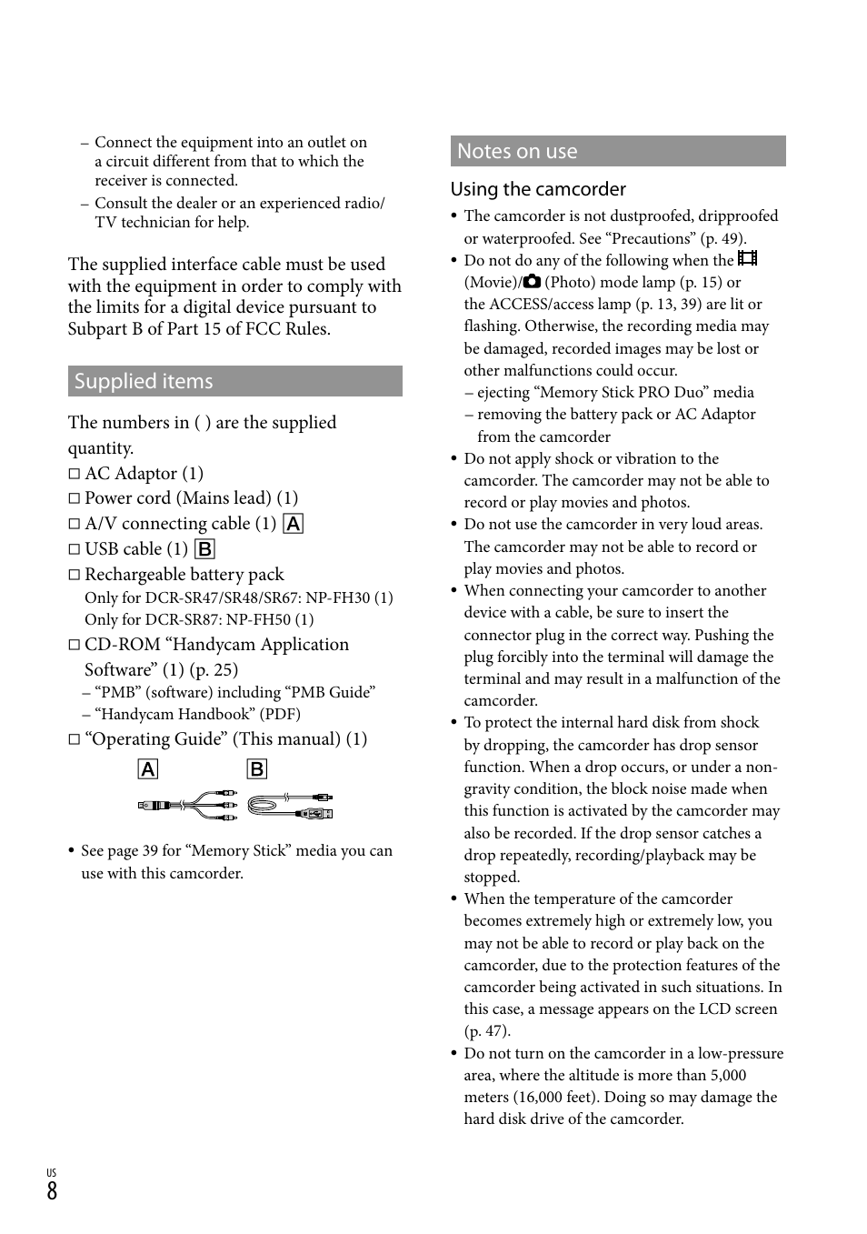 Supplied items, Using the camcorder | Sony DCR-SR67 User Manual | Page 8 / 116