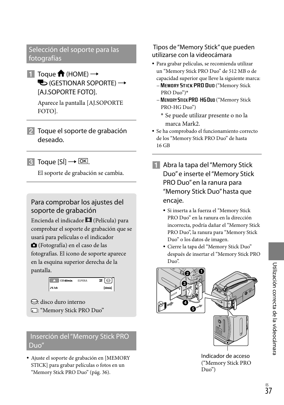 A 37 p, Selección del soporte para las fotografías, Toque el soporte de grabación deseado.  toque [sí | Sony DCR-SR67 User Manual | Page 95 / 116