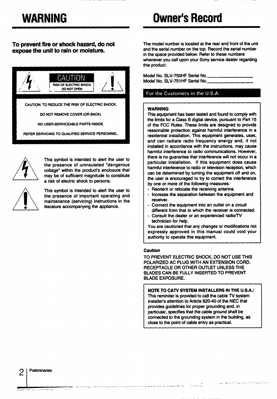 Owner's record, Warning owner's record | Sony SLV-750HF User Manual | Page 2 / 66