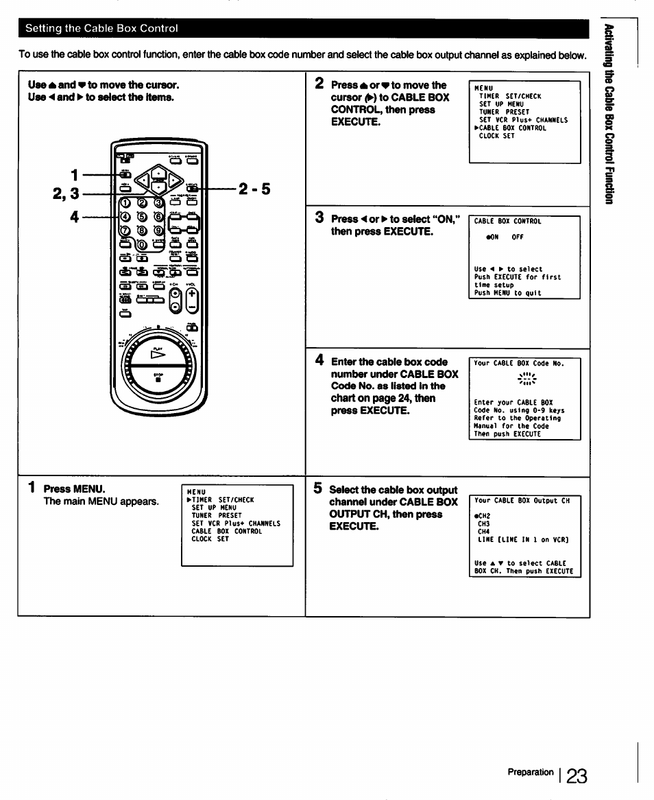 3 pressor ^ to select “on,” then press execute, 1 press menu | Sony SLV-750HF User Manual | Page 23 / 66