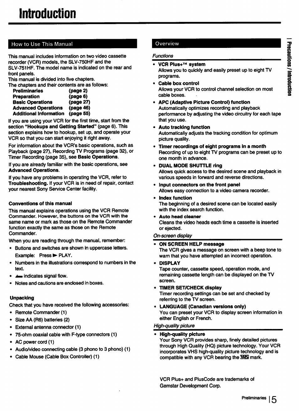 Introduction | Sony SLV-750HF User Manual | Page 5 / 66