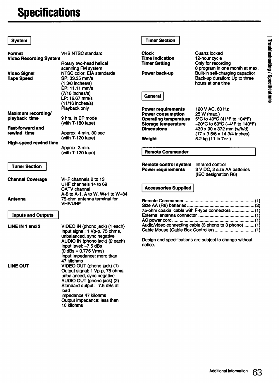 Specifications | Sony SLV-750HF User Manual | Page 63 / 66