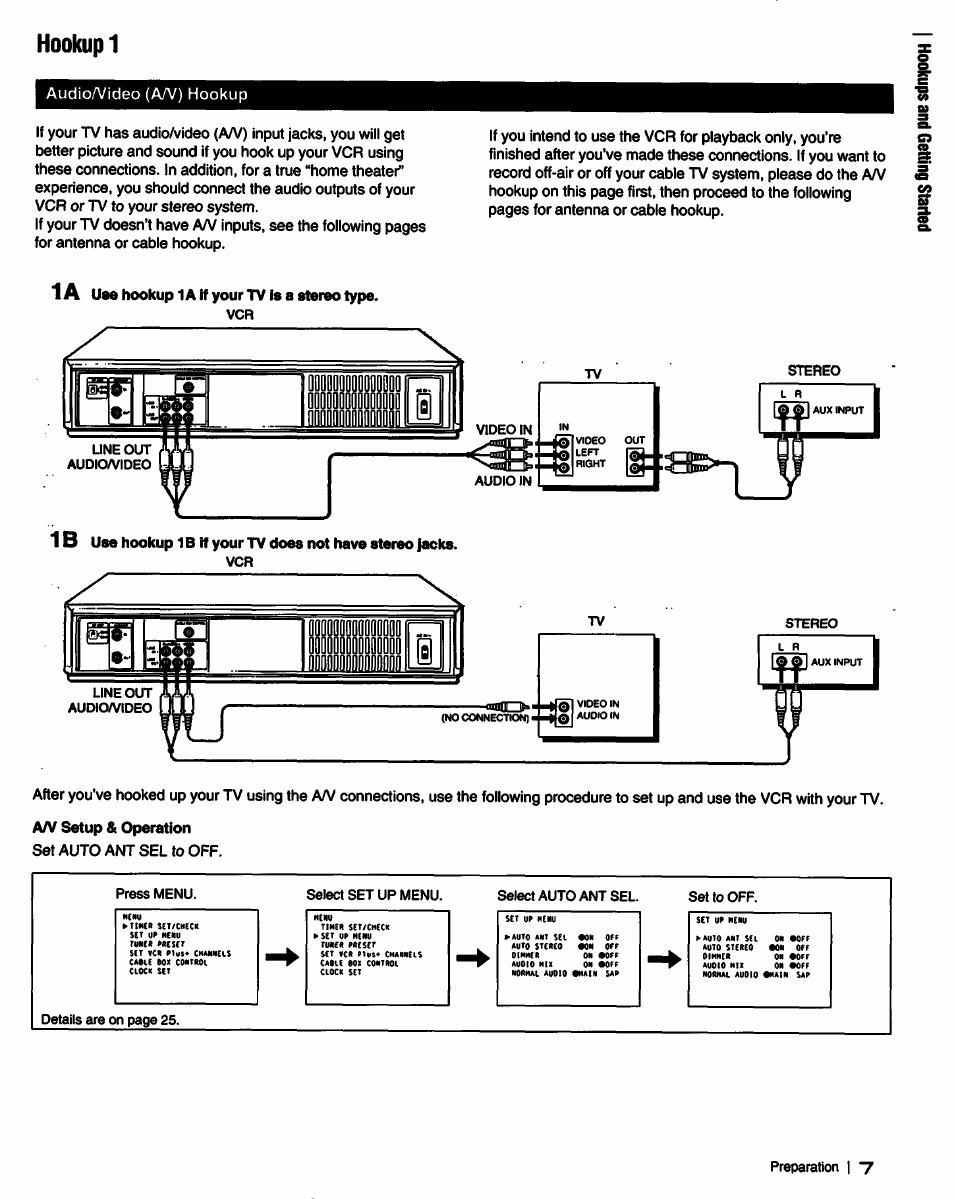 Hookup 1, Audio/video (a/v) hookup | Sony SLV-750HF User Manual | Page 7 / 66